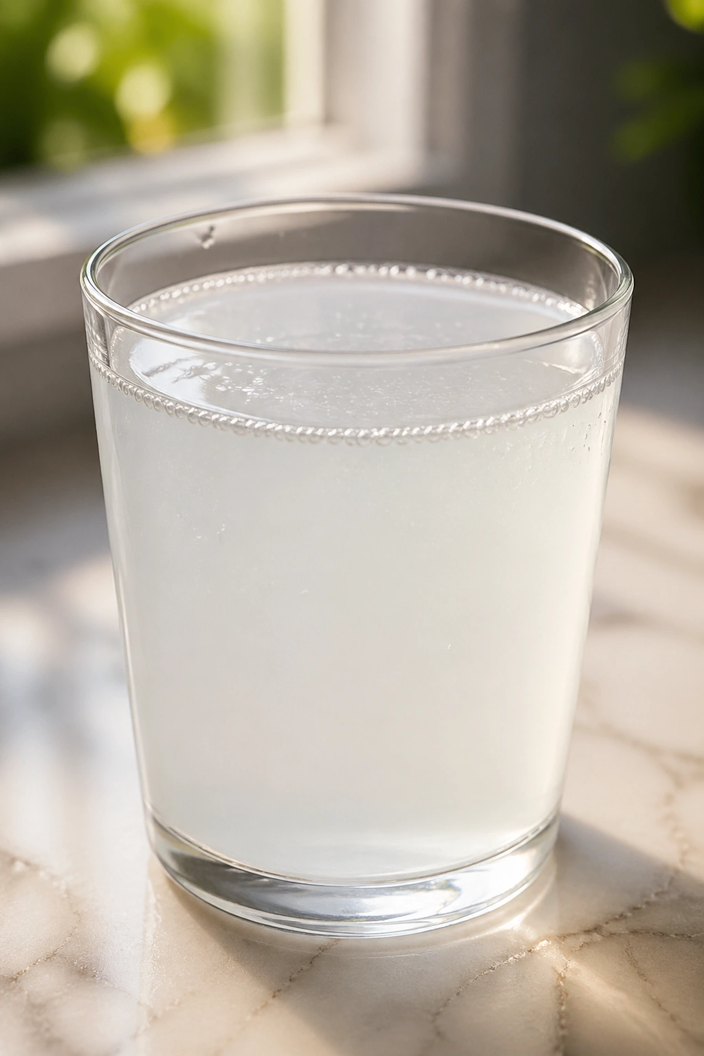 Close-up of a glass of coconut water on a marble countertop