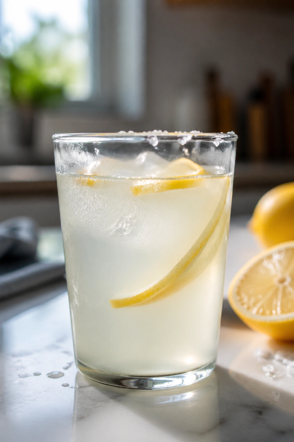Glass of coconut lemon water on a bright kitchen counter