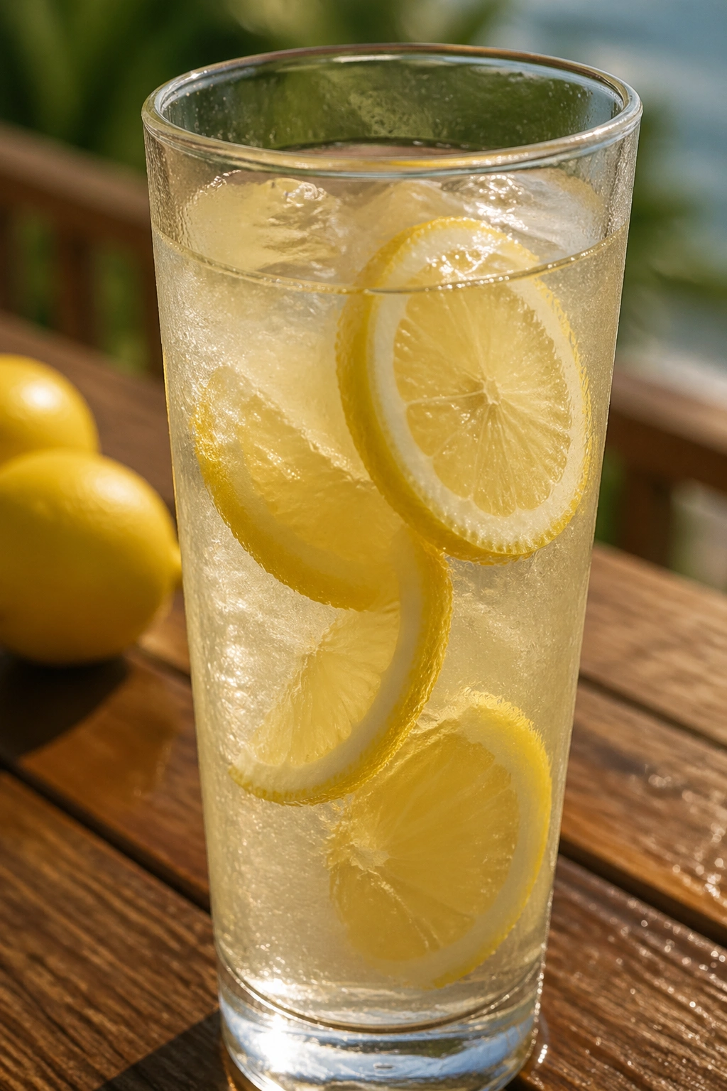 Close-up of a coconut water lemon hydrator in a tall glass with lemons, outdoors