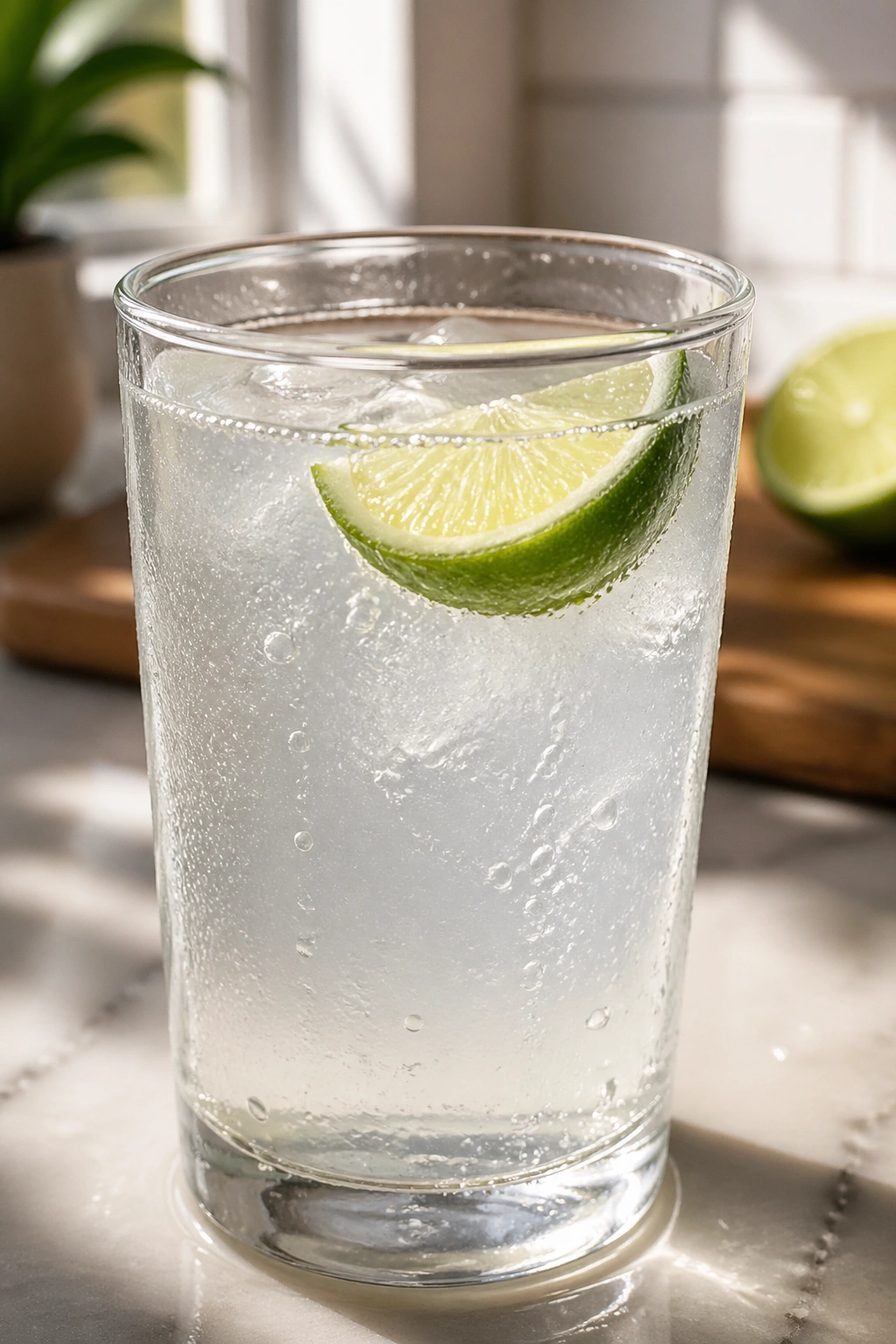 Clear glass of coconut water with lime wedge and salt on a sunlit counter
