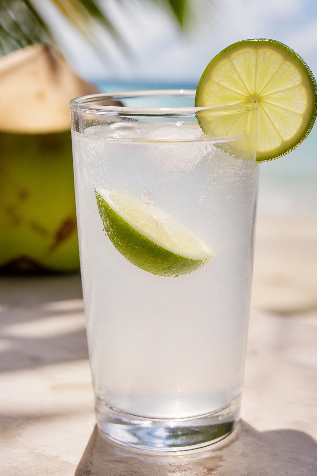 Glass of coconut water with lime on a bright surface