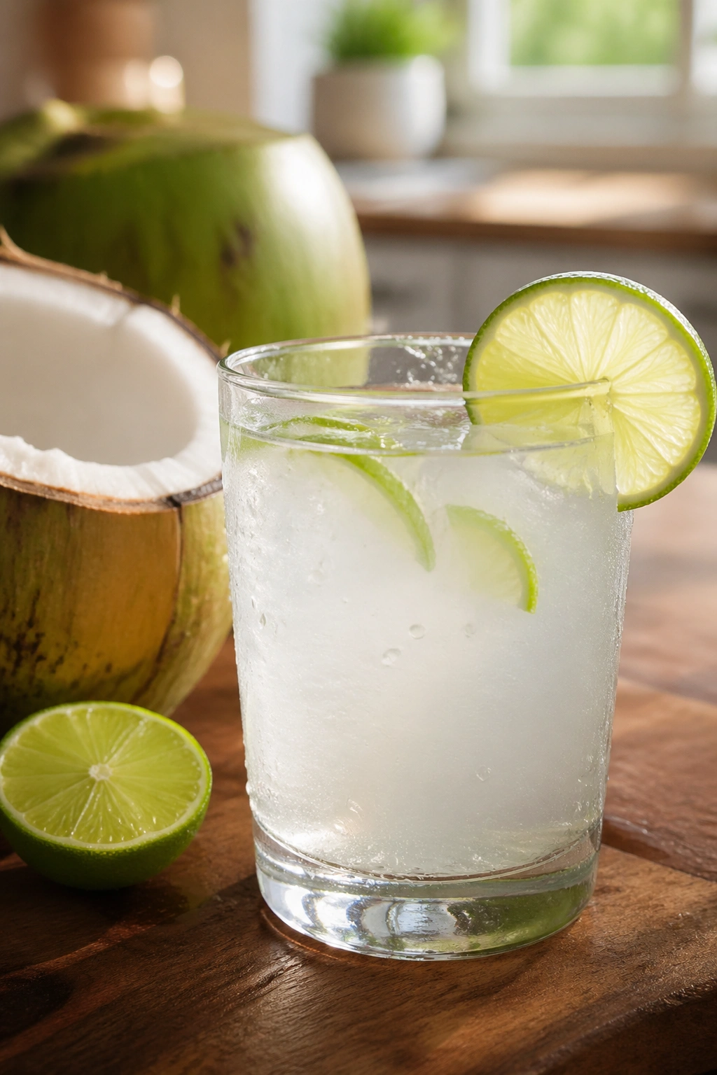 Glass of coconut water with lime on a wooden table.