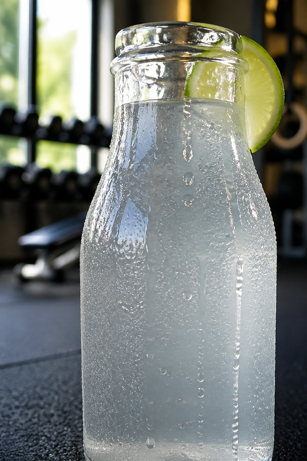 Close-up of coconut water lime sprint mix in a chilled glass bottle with condensation, gym background
