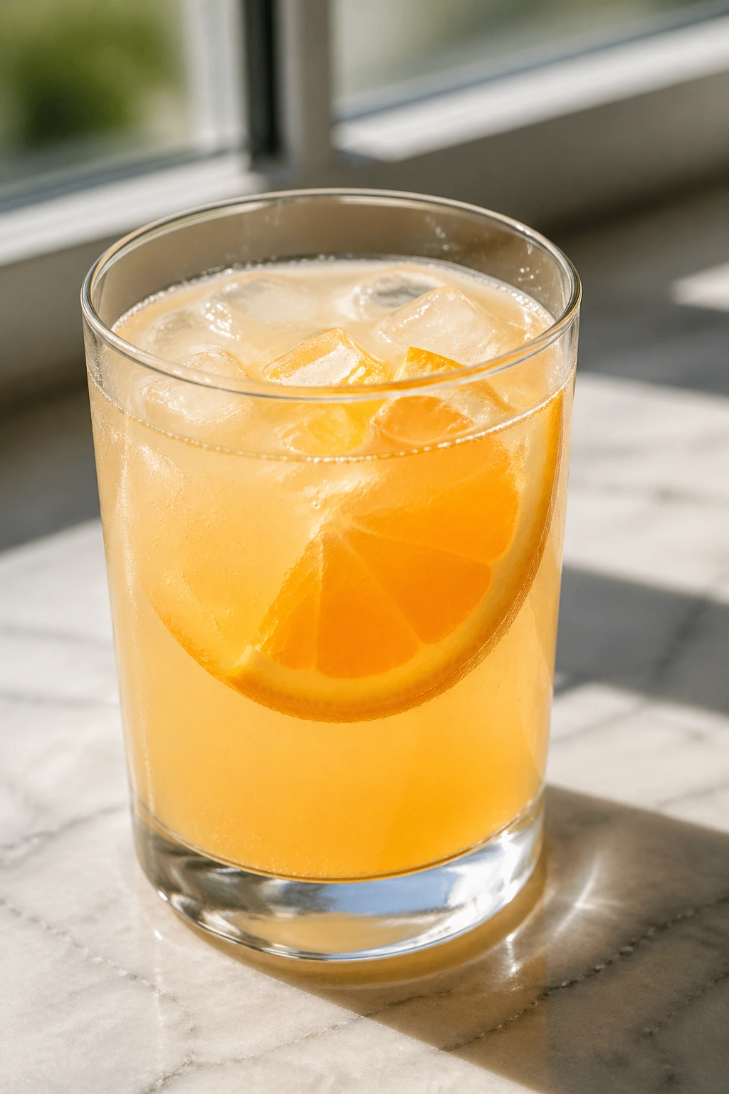Glass of coconut water orange salt cooler on a clean surface.