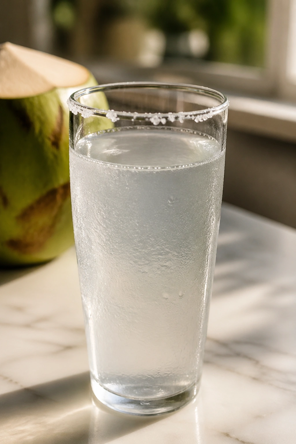 Glass of coconut water with a pinch of salt on the rim on a kitchen counter