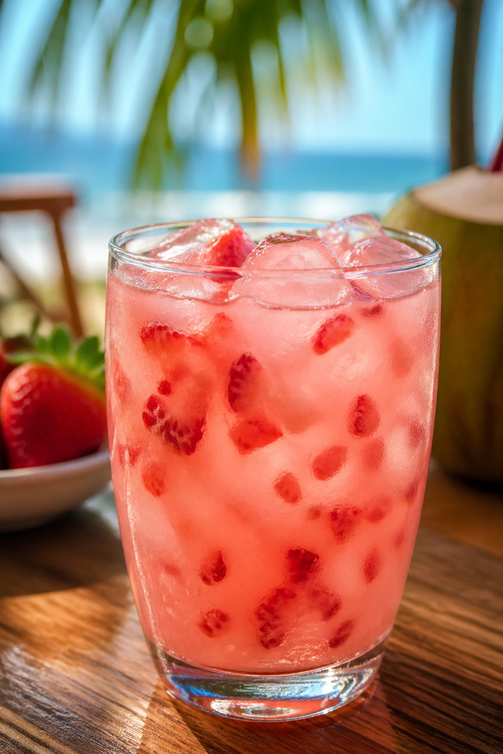 Close-up of Coconut Water Strawberry Protein Cooler in glass on beachside table.