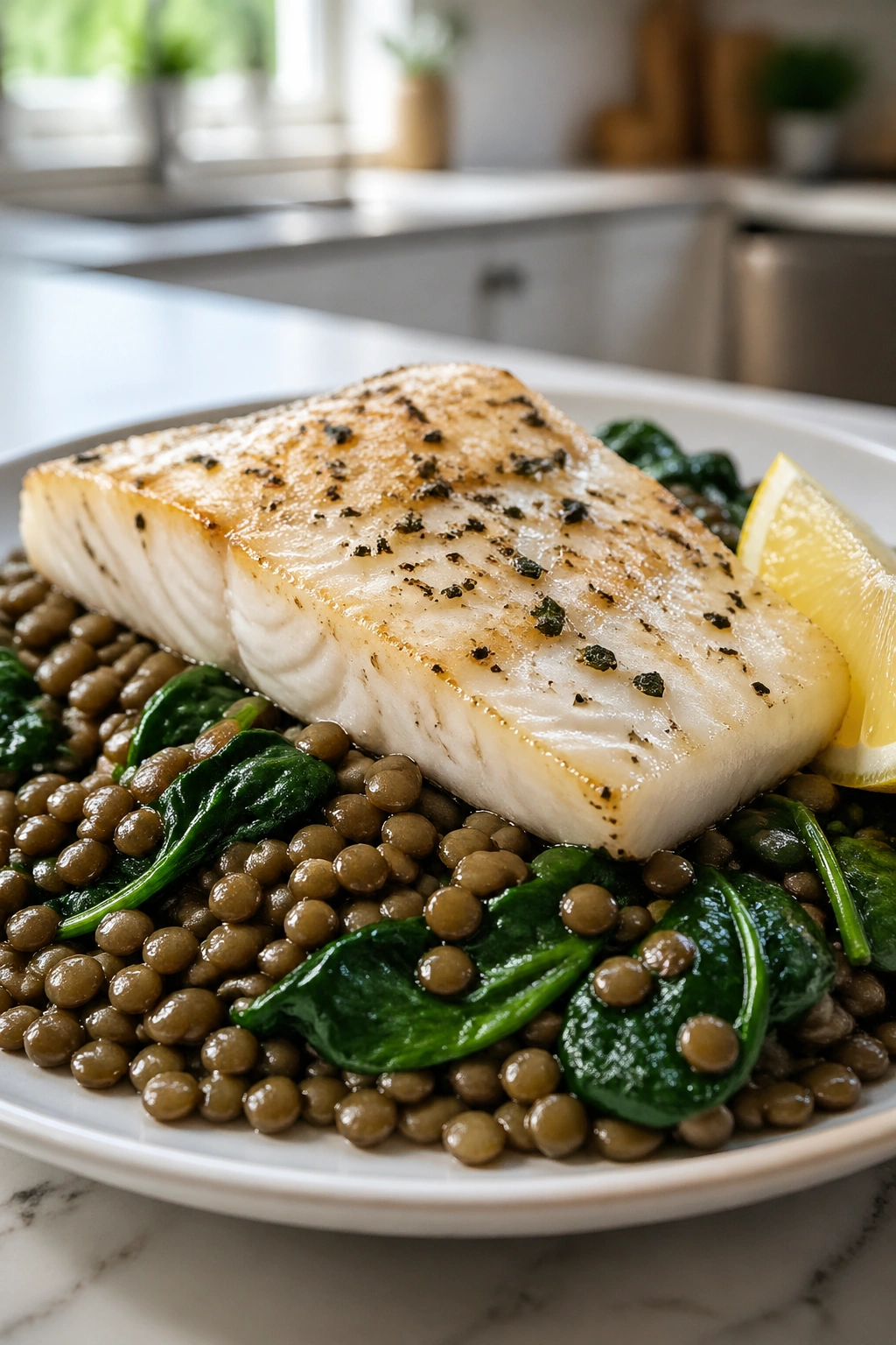 Cod fillet with lentils and spinach on plate