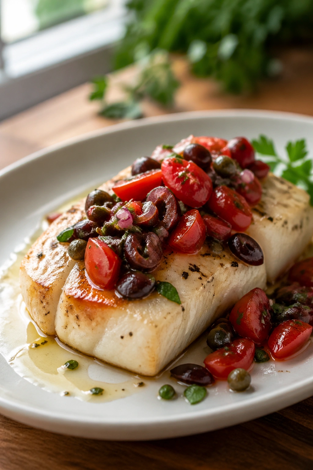 Cod with tomato olive salsa on plate in kitchen setting