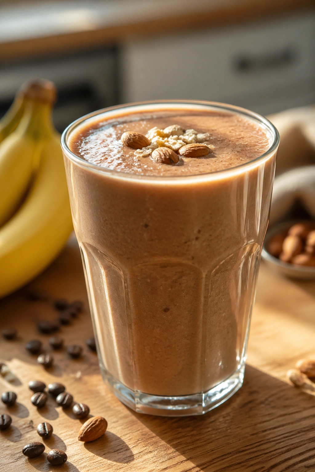 Creamy Coffee Banana Almond Smoothie in a glass on a counter