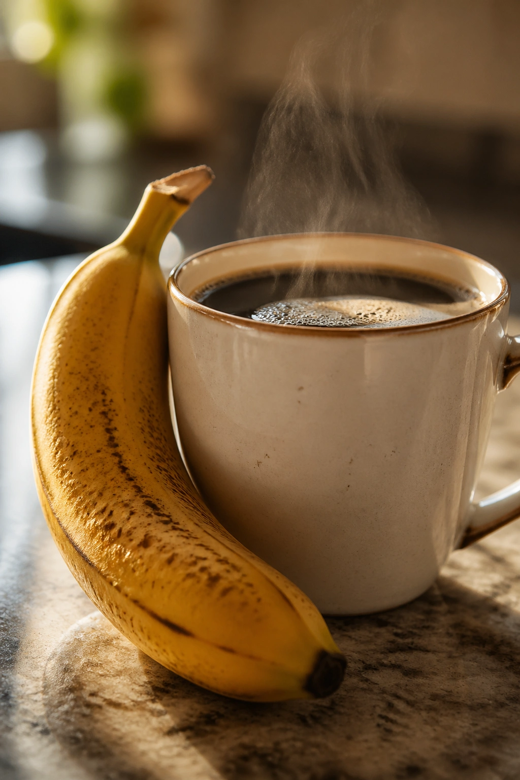 Banana beside a steaming cup of coffee on a kitchen counter.