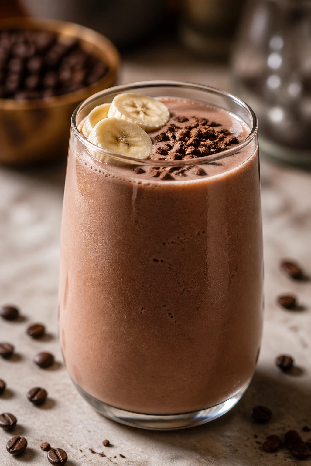 Mocha-colored coffee banana cocoa smoothie in glass on kitchen counter