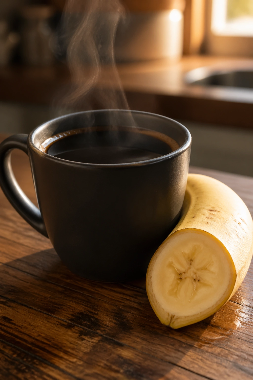 Close-up of a steaming mug of black coffee with a half banana beside it on a wooden kitchen counter
