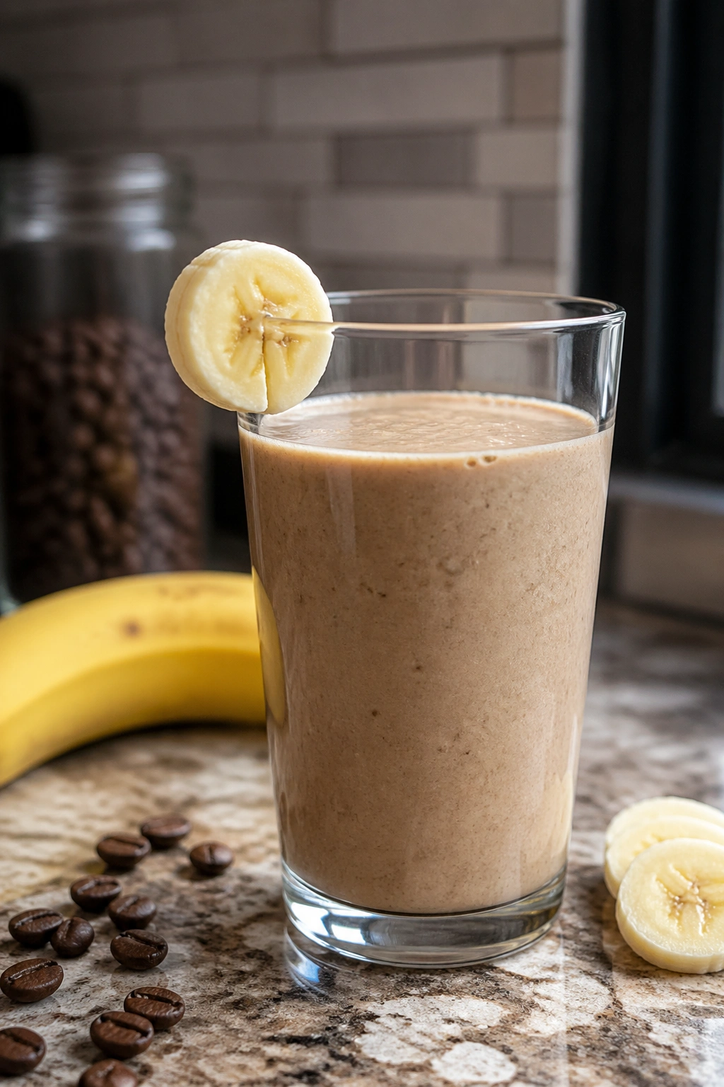 Glass of coffee banana smoothie with banana slice on rim