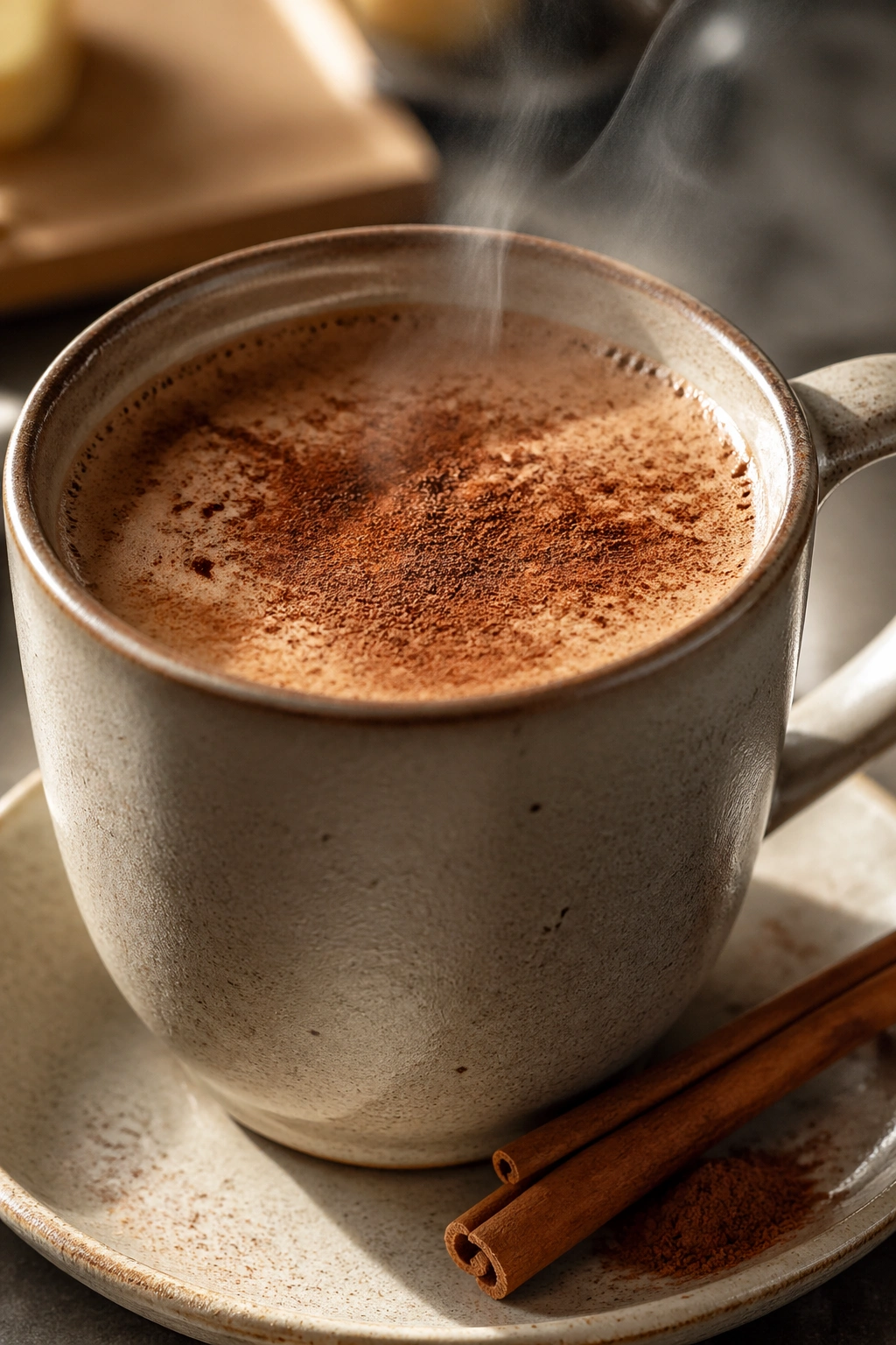 Steaming cup of coffee with cocoa dust and cinnamon