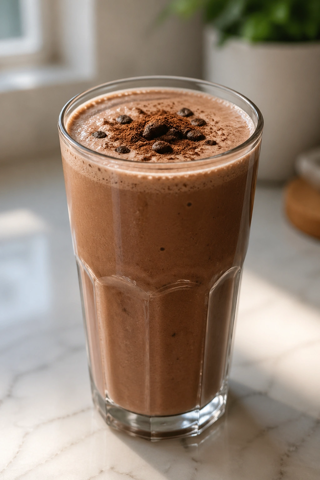 Mocha-toned coffee cocoa protein shake in a glass on a kitchen counter