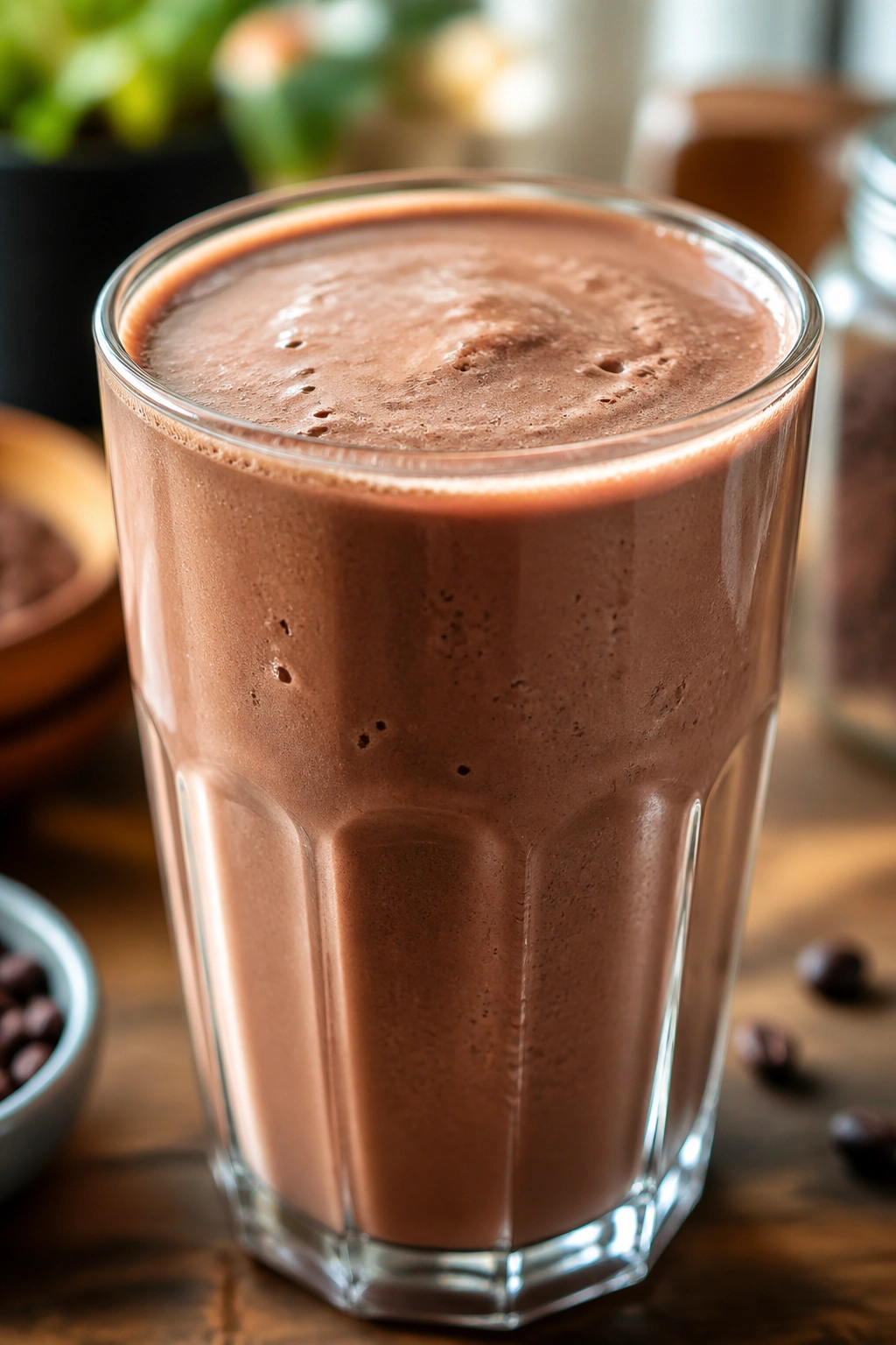 Close-up of a glass of coffee cocoa protein smoothie on a wooden table