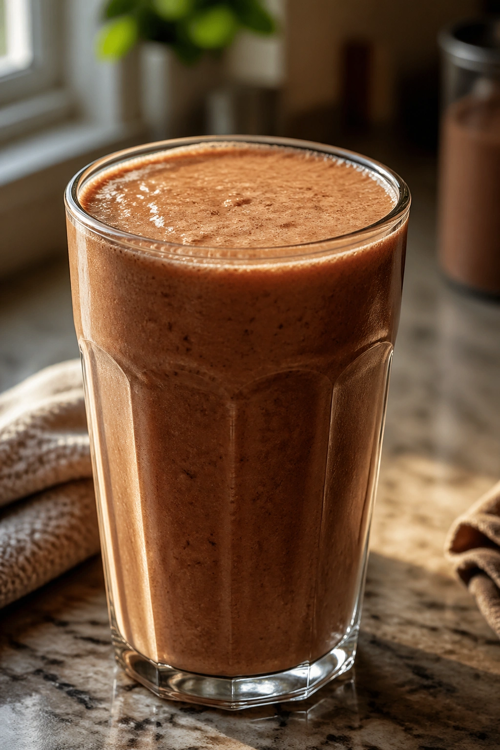 Close-up of a coffee cocoa protein smoothie in a glass on a kitchen counter