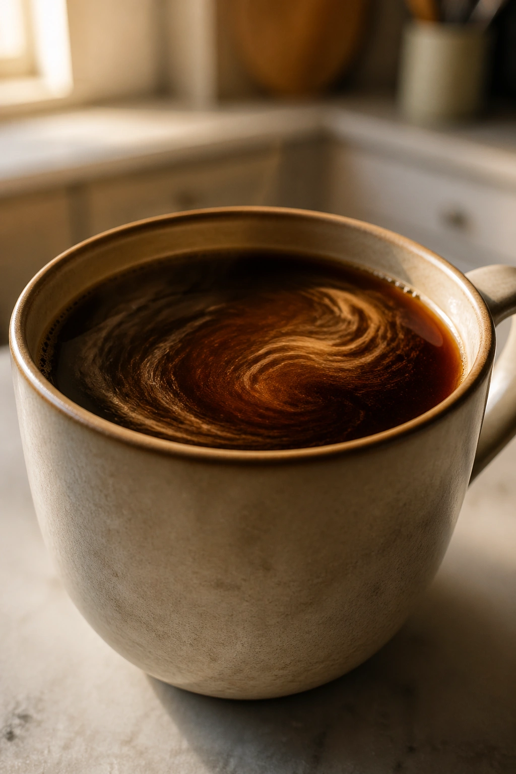 Close-up of coffee with creatine in a mug on a kitchen counter