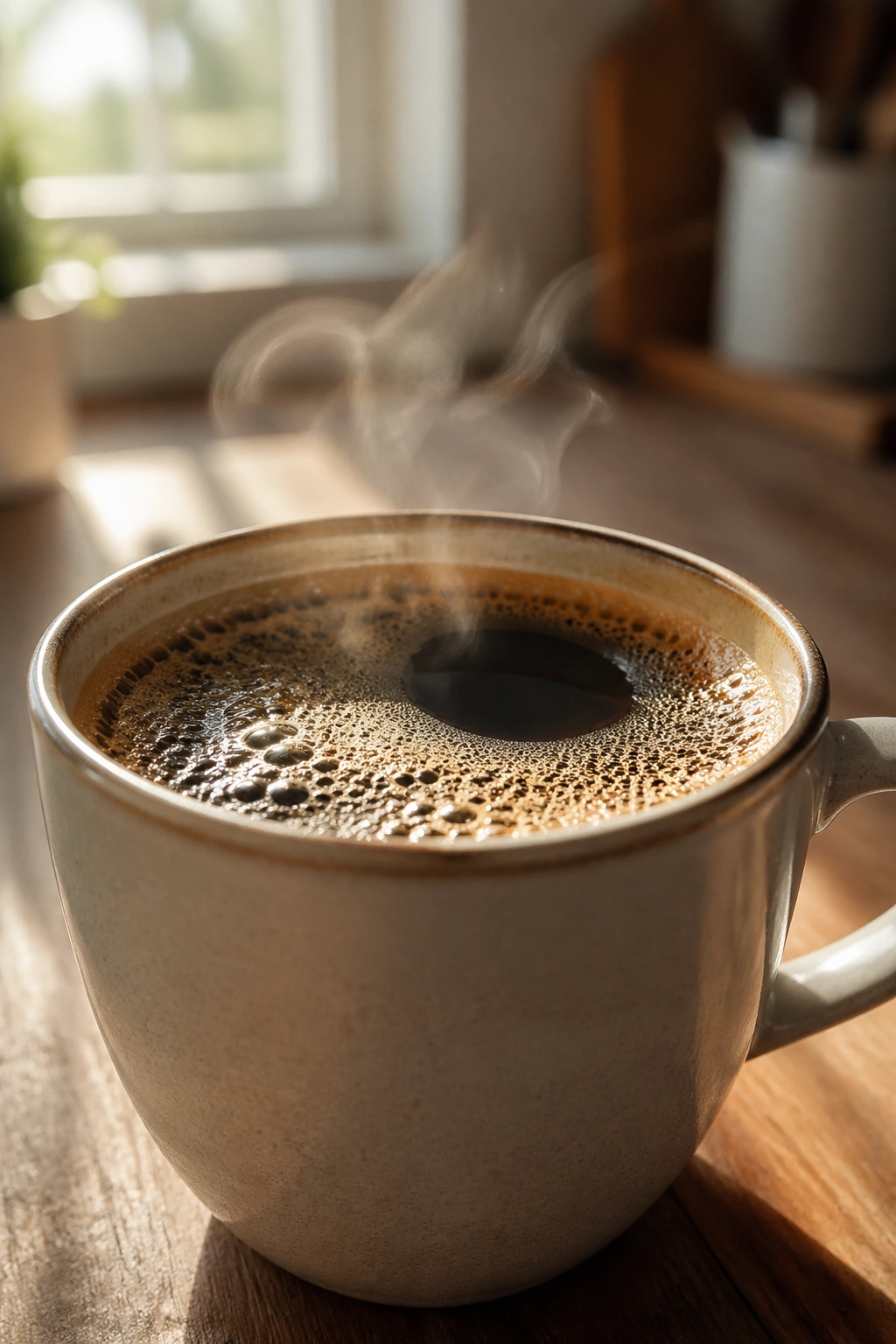 Steaming cup of coffee filling the frame on a wooden counter