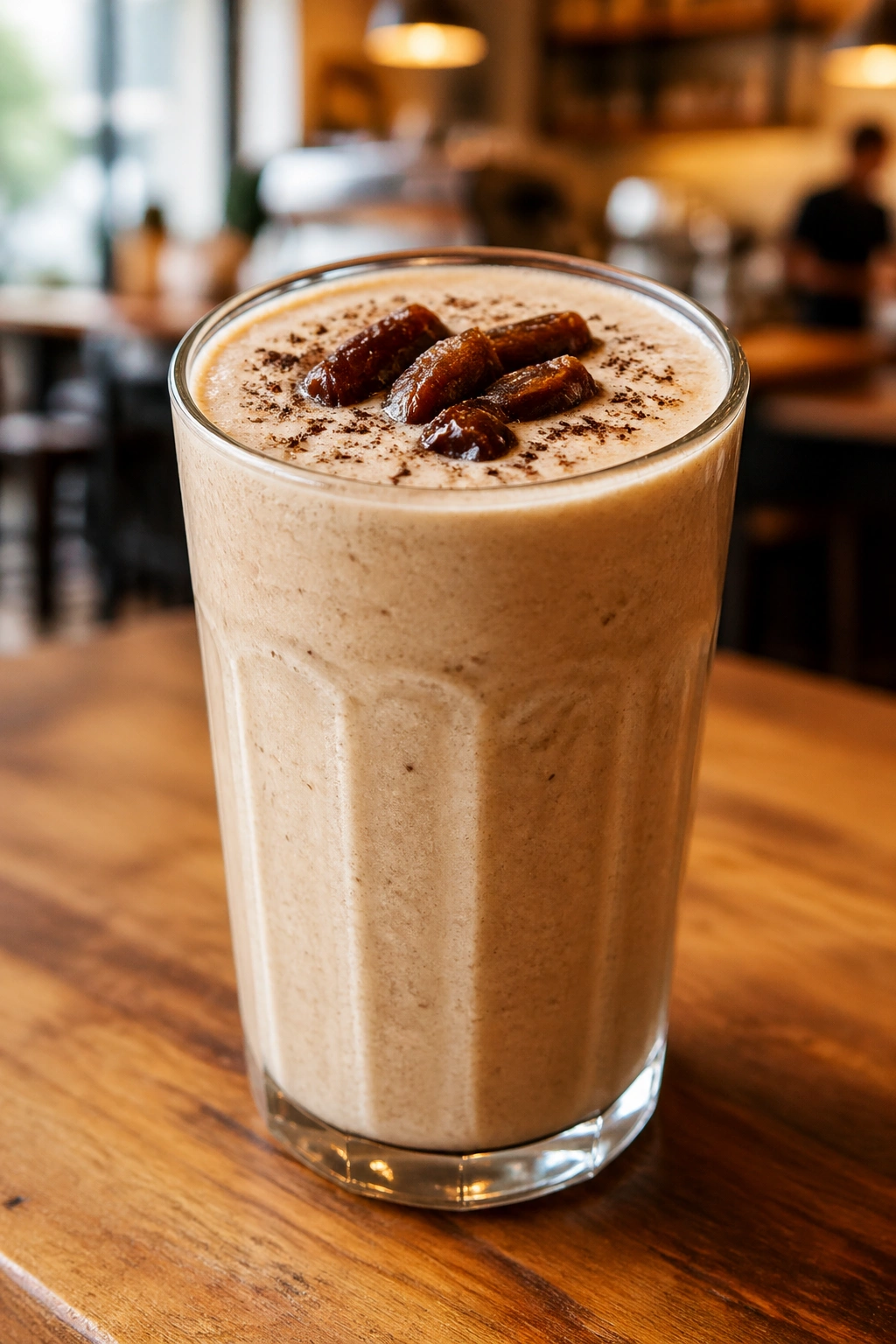 Close-up of coffee date tahini shake in a glass on a cafe table with warm lighting