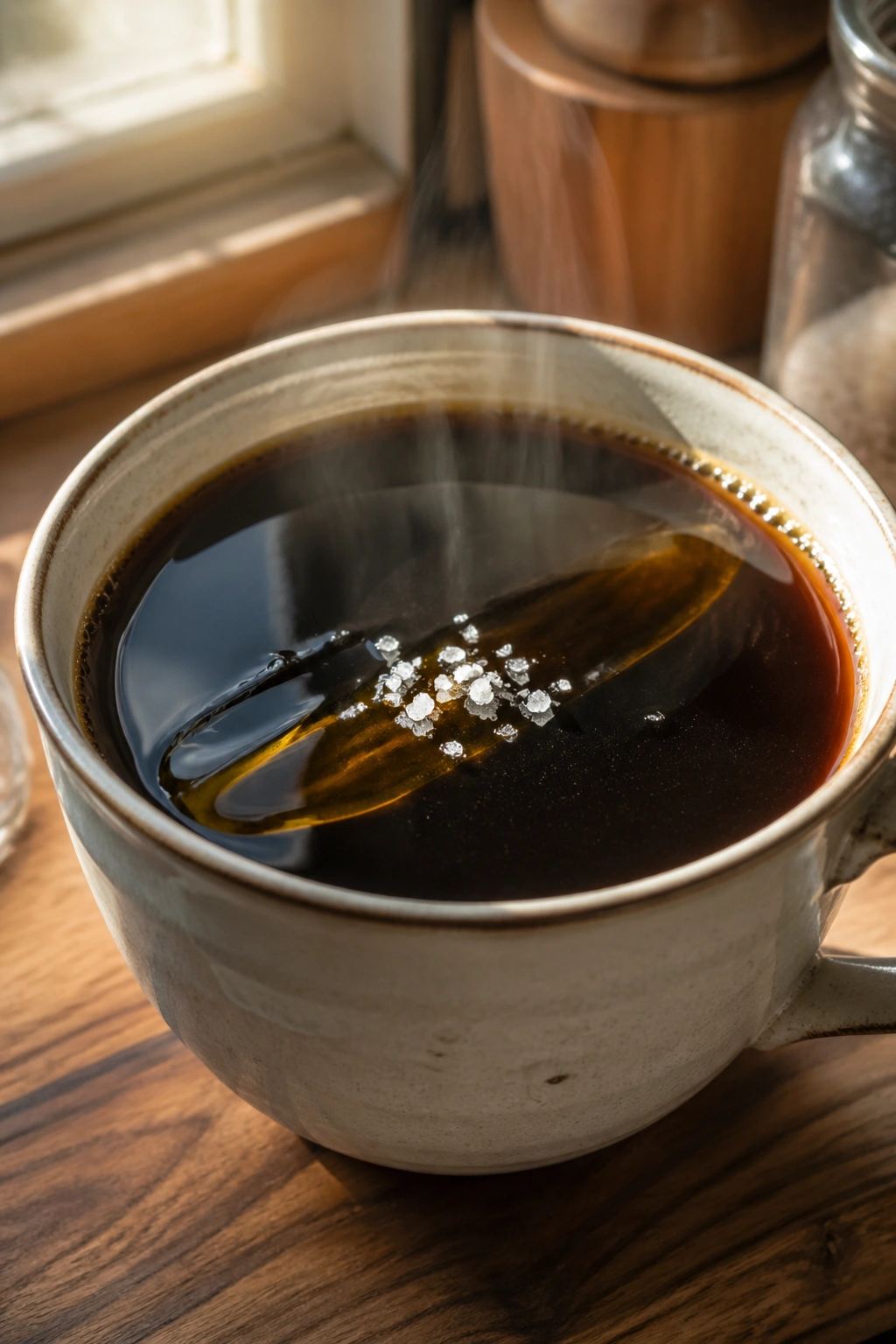 Close-up of black coffee with honey and salt in a ceramic mug on a wooden counter.