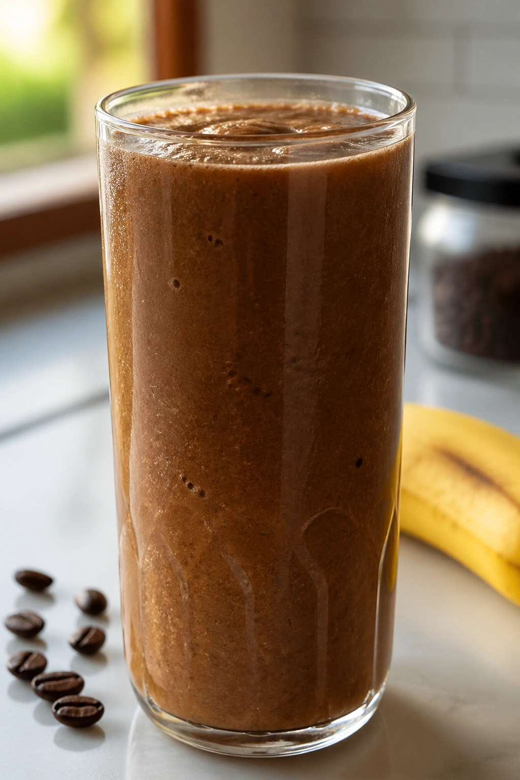 Close-up of Coffee Protein Smoothie in a glass on a bright kitchen counter