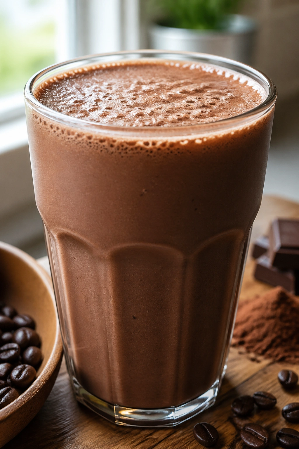 Close-up of a coffee-colored smoothie in a glass with a foam top.