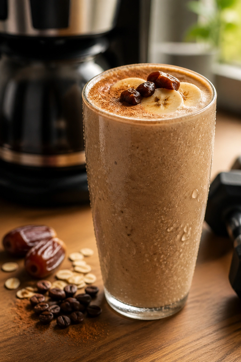Close-up of a coffee-colored post-workout smoothie in a tall glass with condensation on a kitchen counter