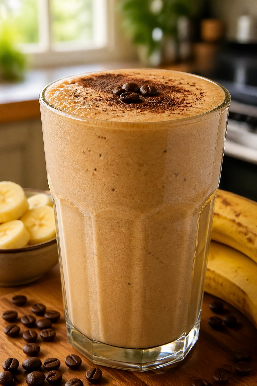 Close-up of a coffee banana smoothie in a glass on a kitchen counter