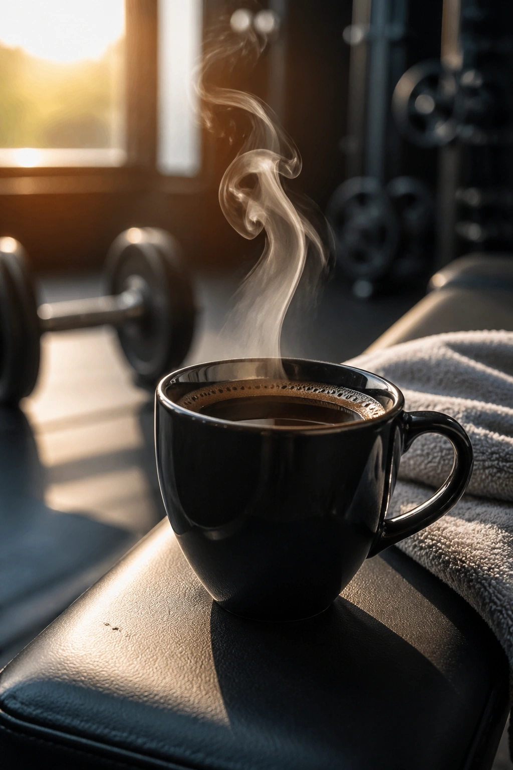 Close-up of black coffee on a gym bench with blurred weights
