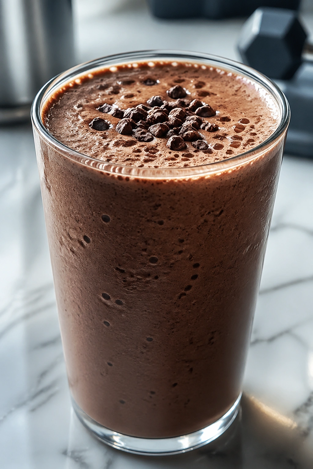 Dark foamy Cold Brew Cacao Shake in a glass on a kitchen counter