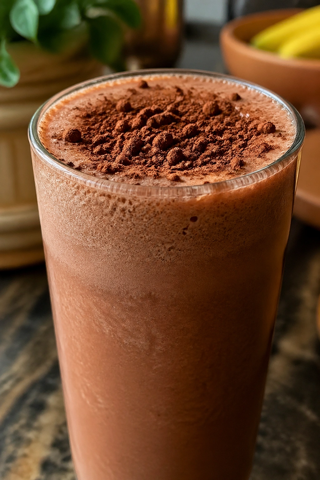 Frothy cocoa shake with coffee blend in a tall glass