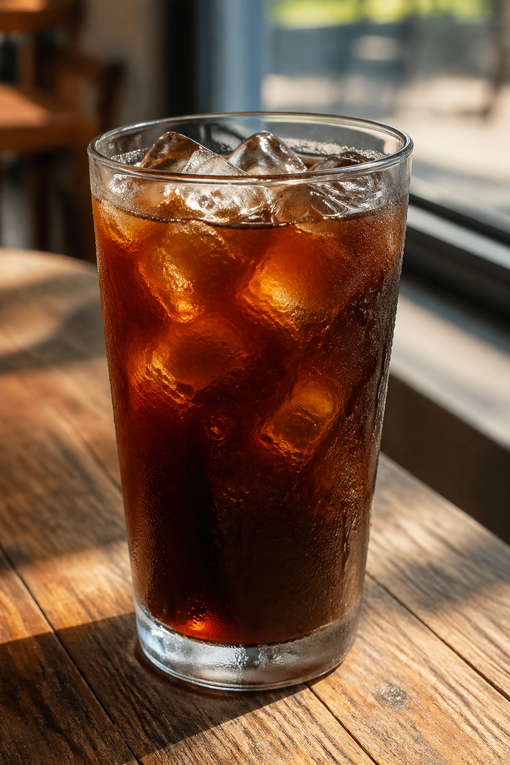 Close-up of cold brew with ice in a tall glass on a rustic cafe table with natural light