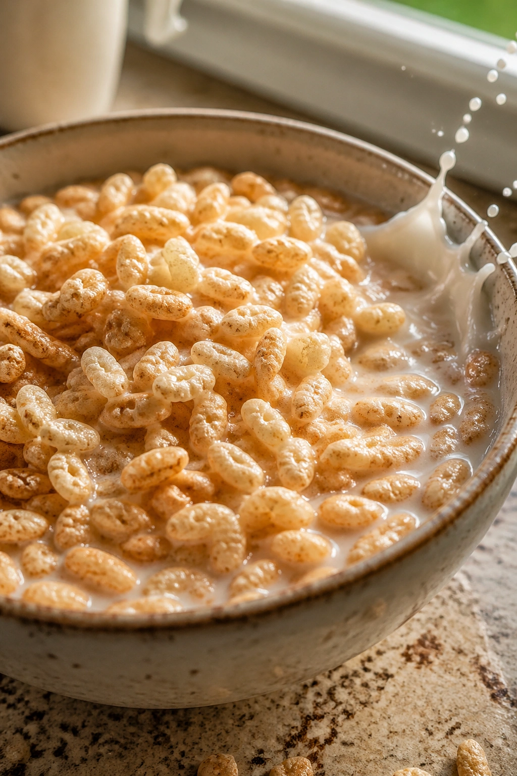 Close-up of puffed rice cereal with milk in a bowl, breakfast in a kitchen