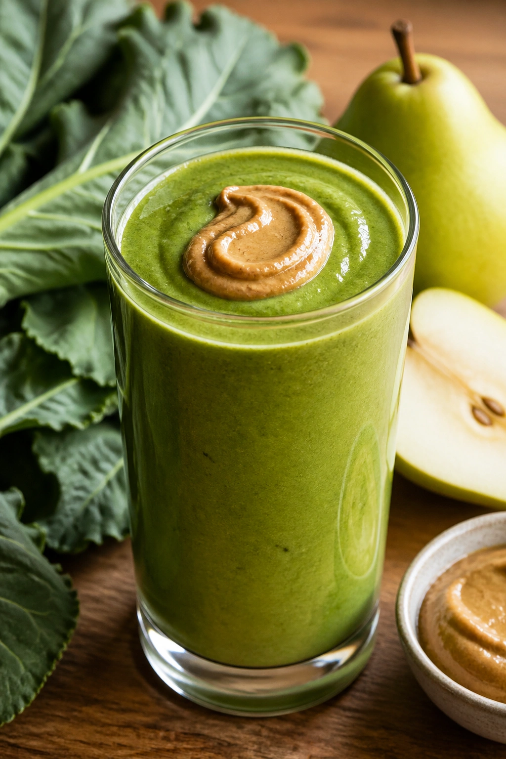 Green collard smoothie with pear and pumpkin seed butter in a glass.