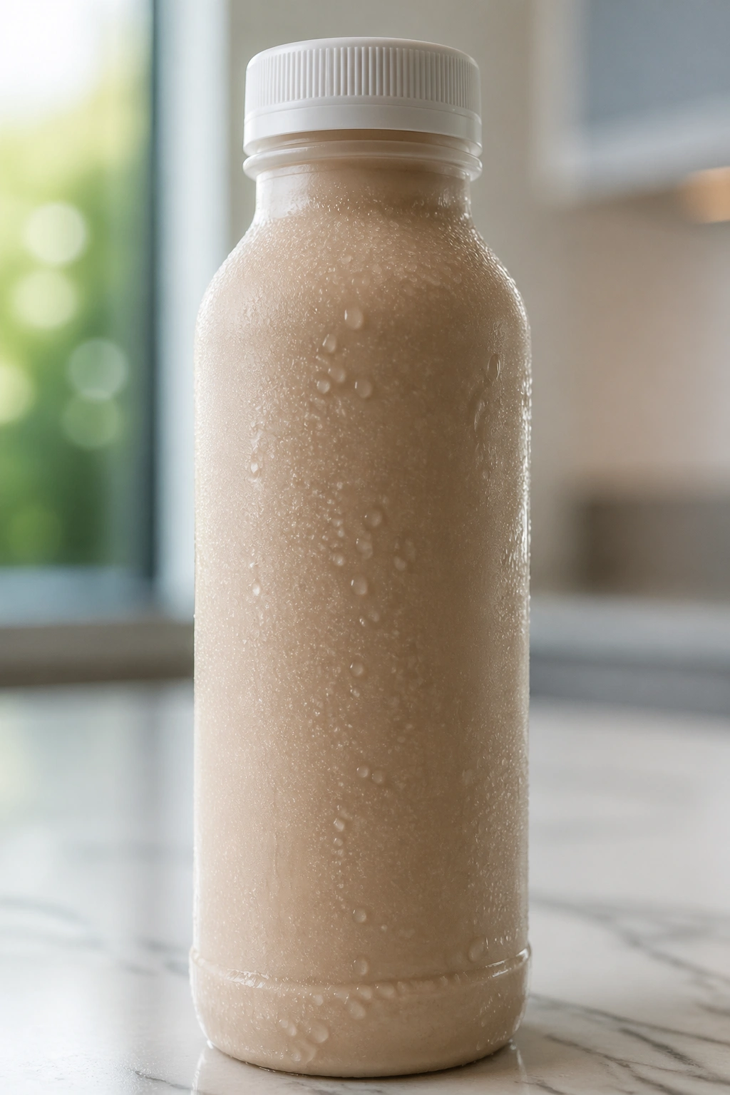Close-up of a Soylent Complete Protein bottle on a kitchen counter