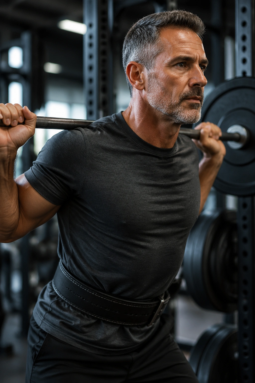 Real man bracing before a barbell squat in a gym