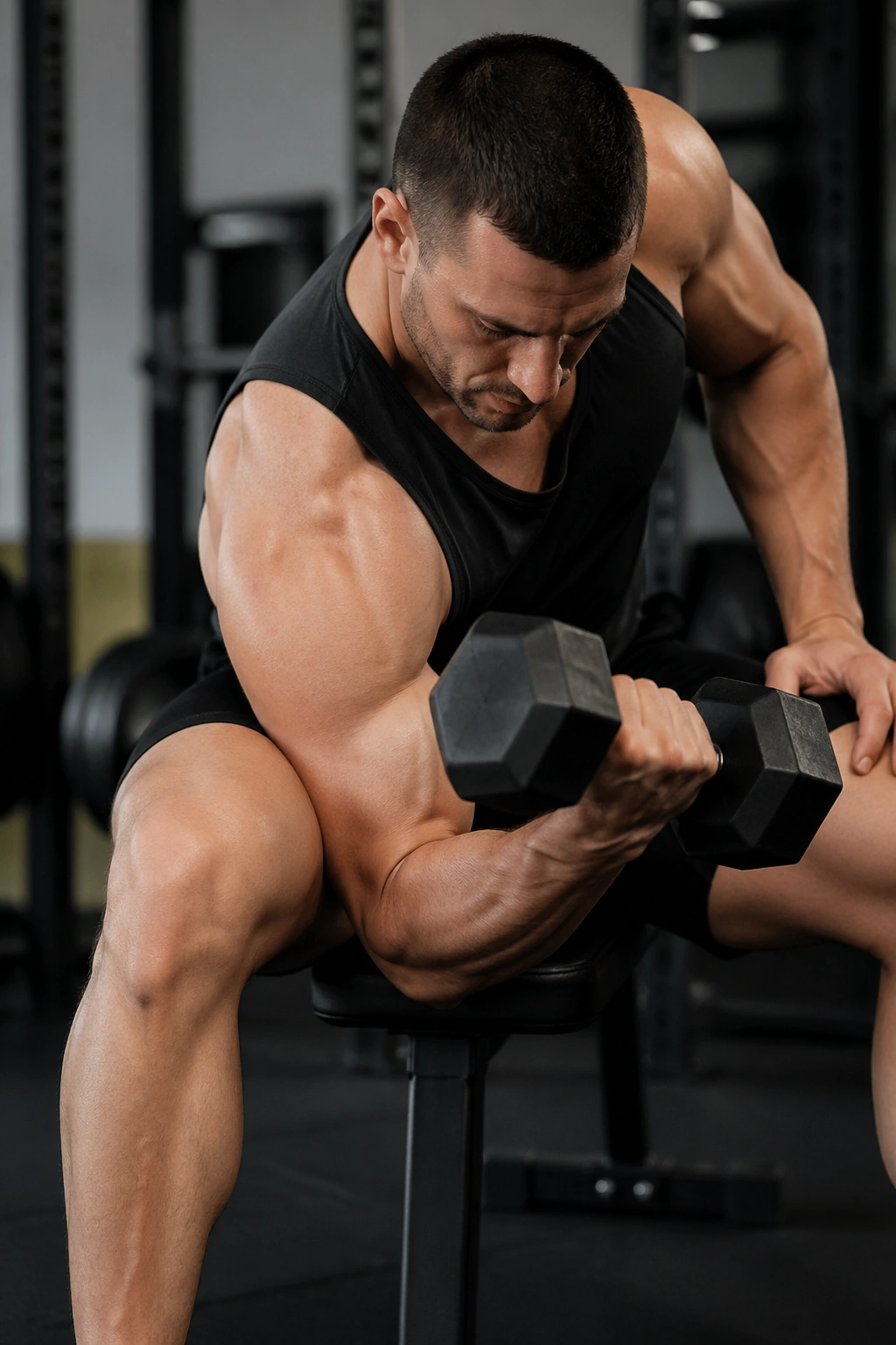 Close-up of concentration curl with elbow on inner thigh on a real person.