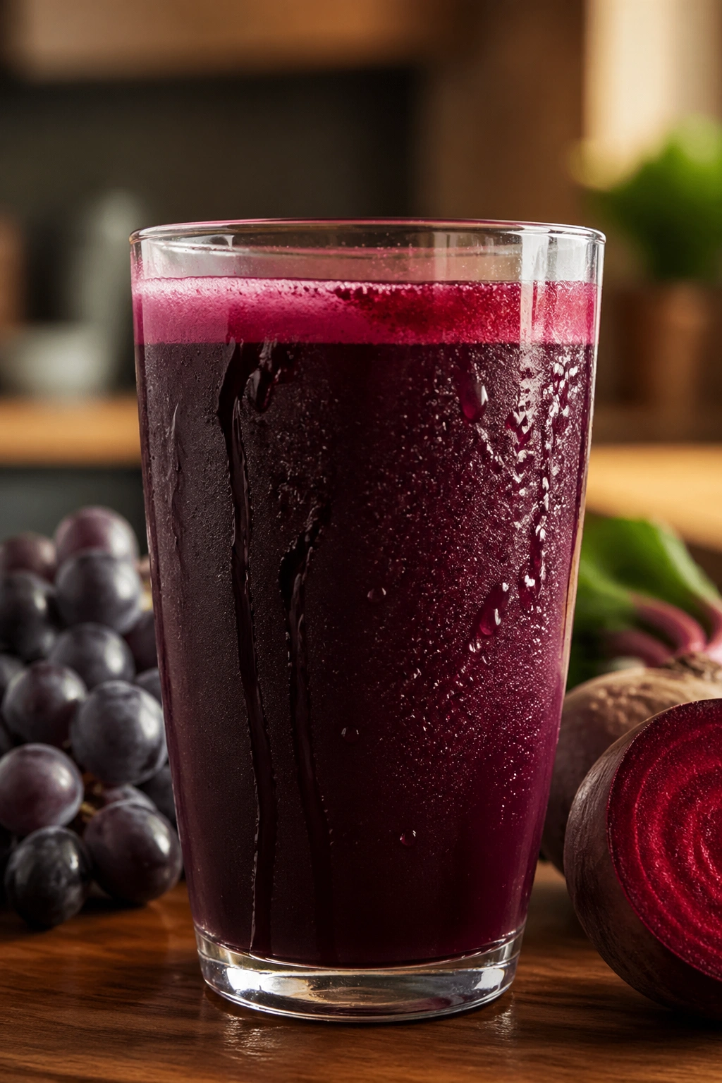 Glass of Concord grape beet juice on a kitchen island