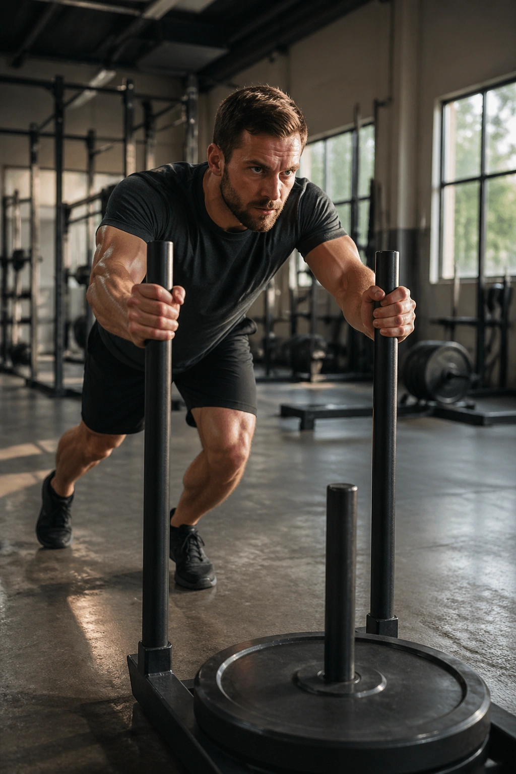 Lifter pushing a sled in a gym, conditioning that supports strength