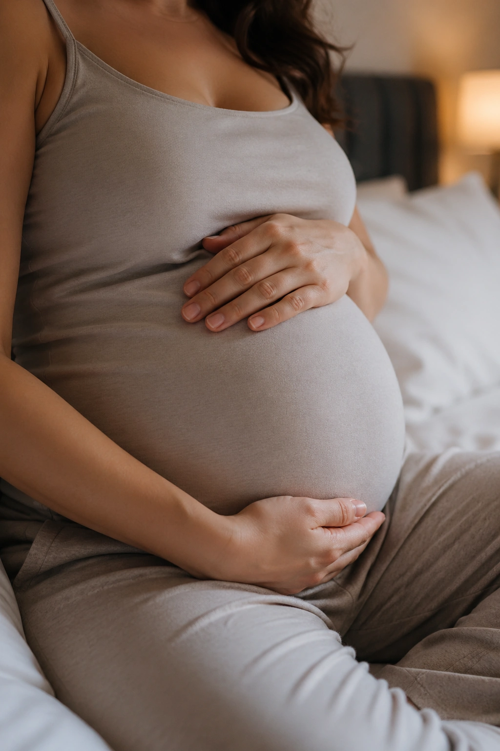 Close-up of pregnant woman's abdomen with hands resting on belly