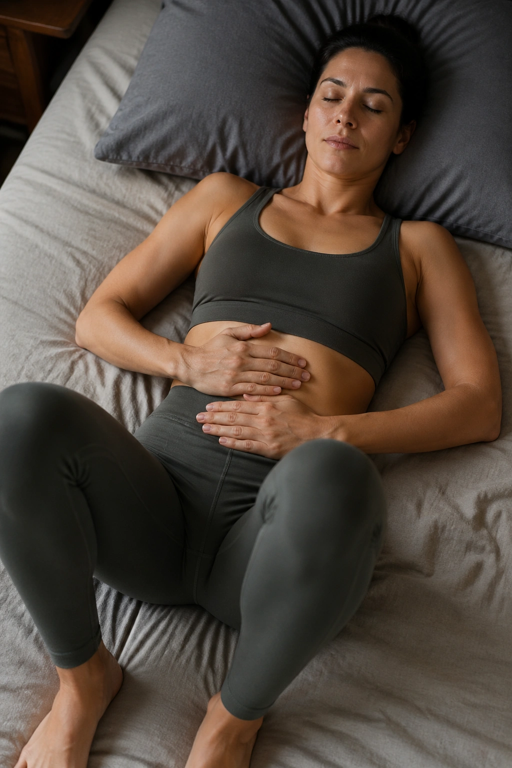 Close-up of torso and hands in constructive rest position