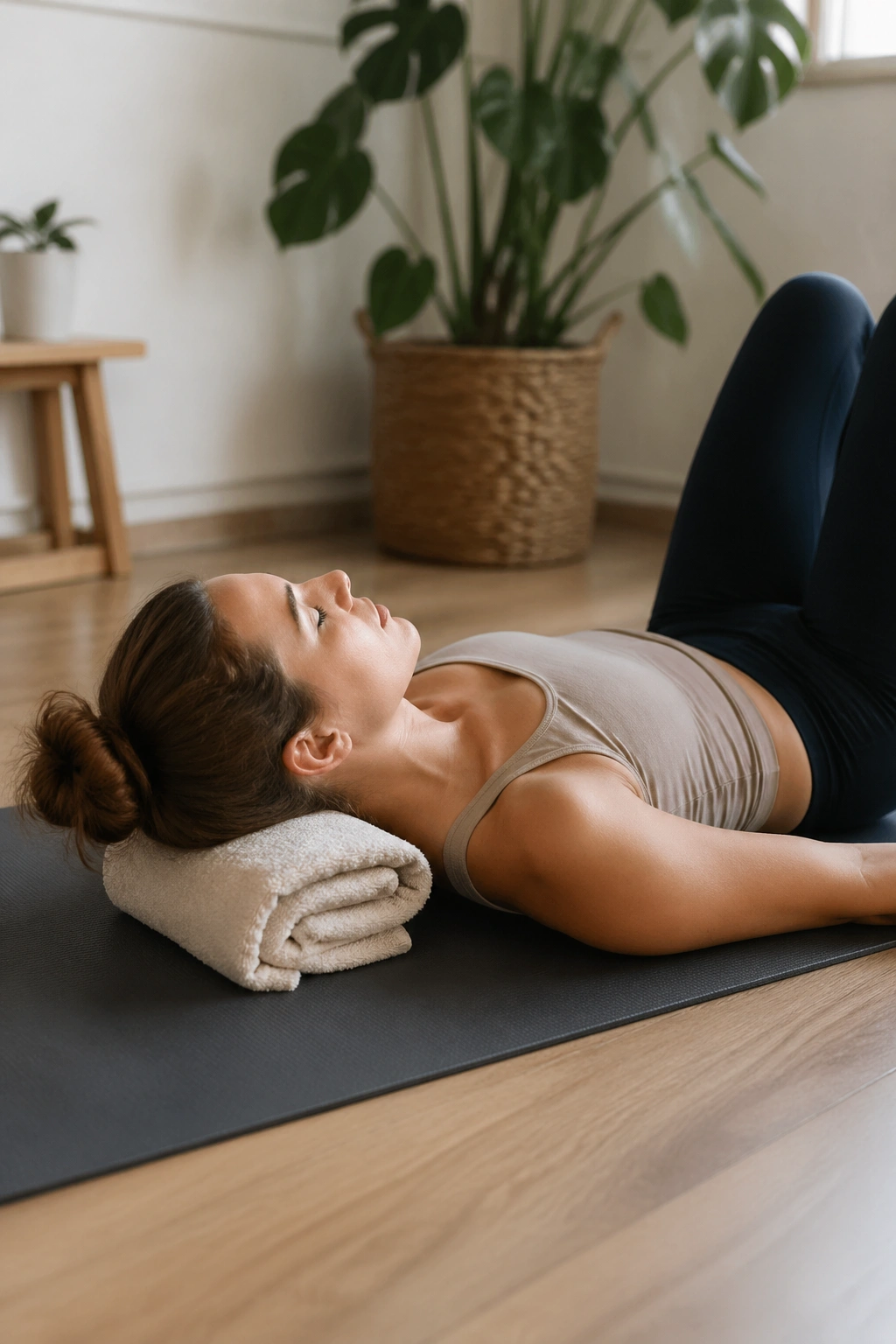 Person in constructive rest neck release lying on mat with towel under head