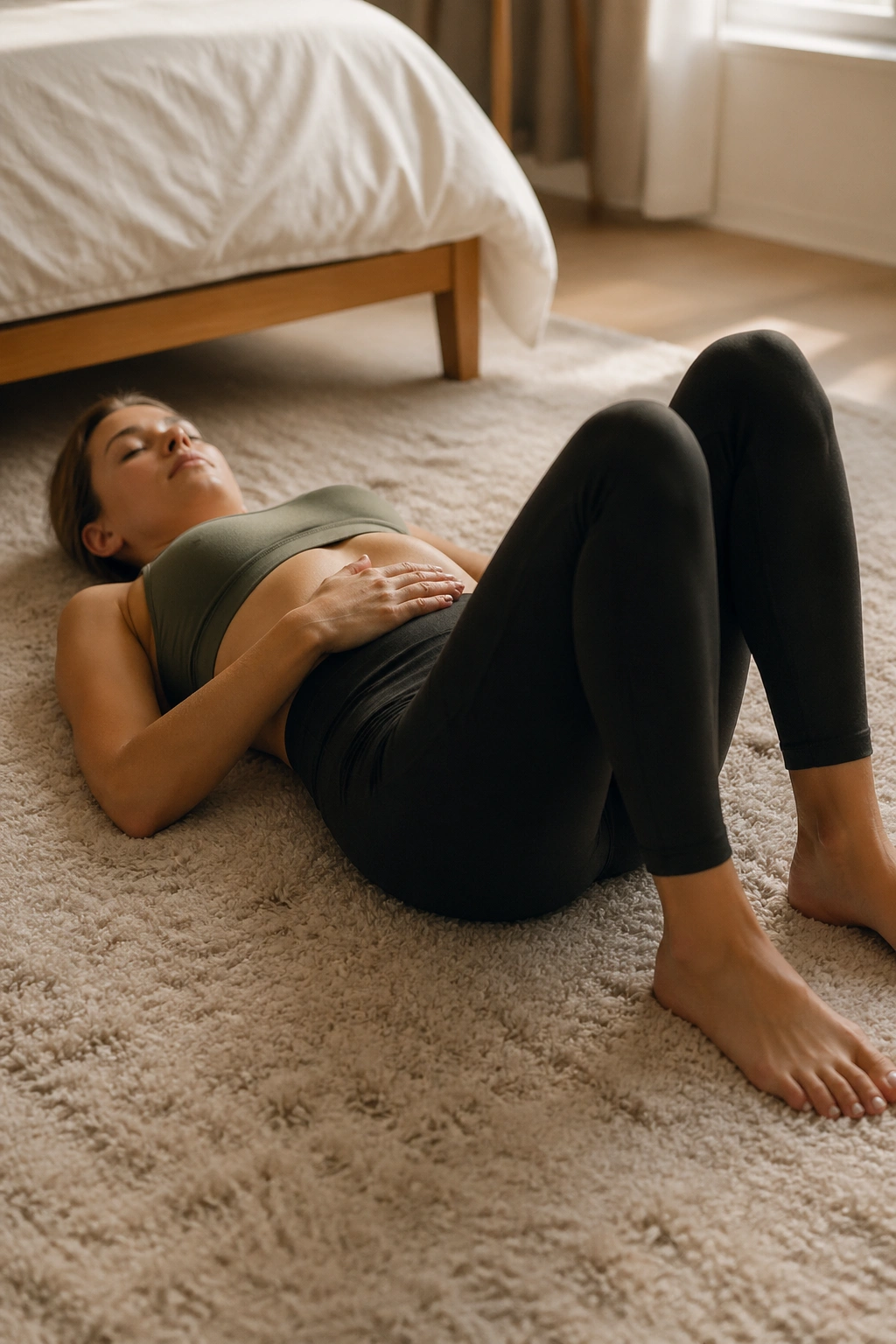 Real person in Constructive Rest Pose lying on back with knees bent