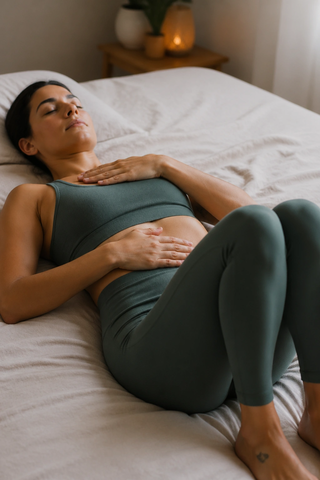 Person lying on back in Constructive Rest with hands on belly and ribs