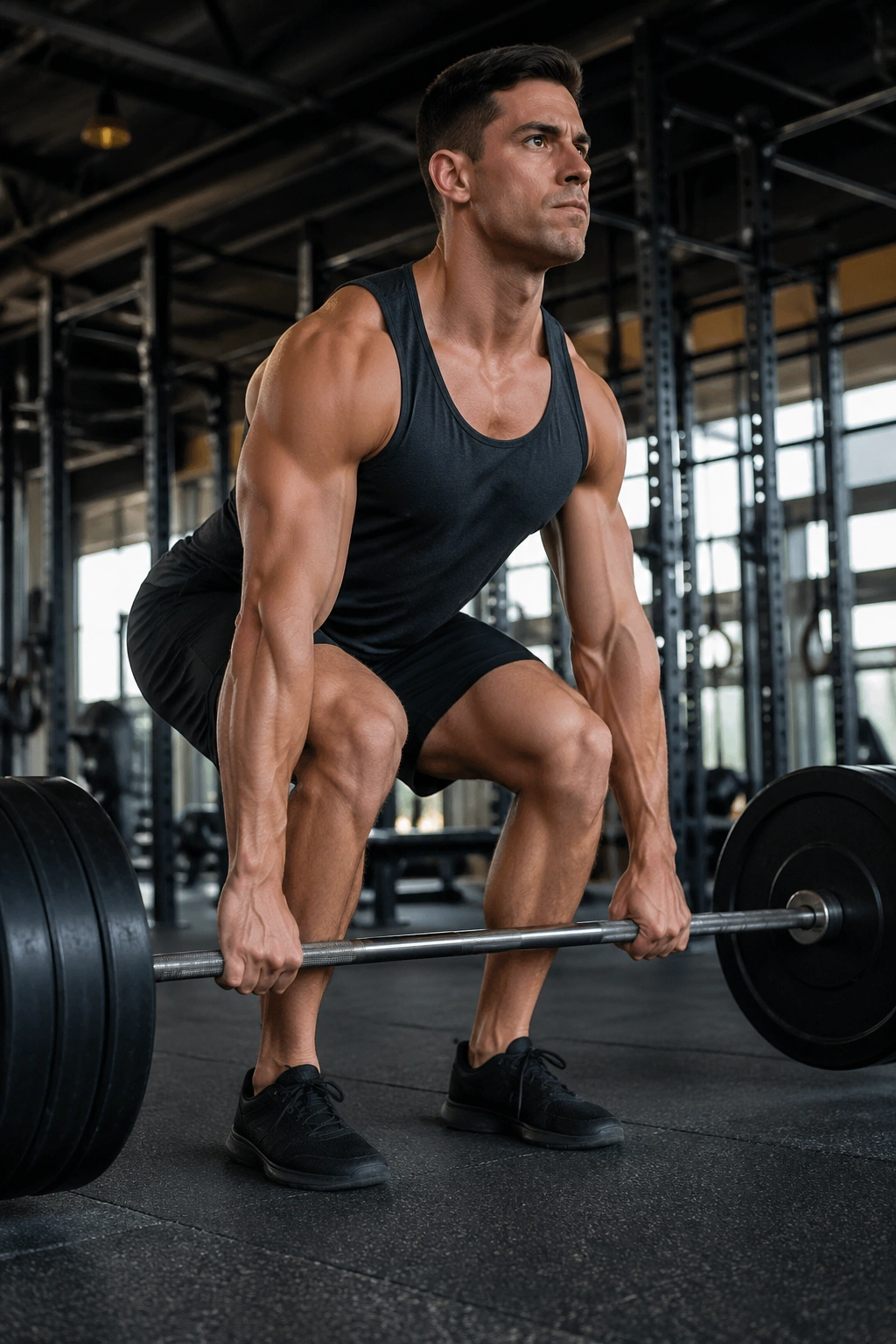 Close-up of a lifter in setup for a conventional deadlift in a gym