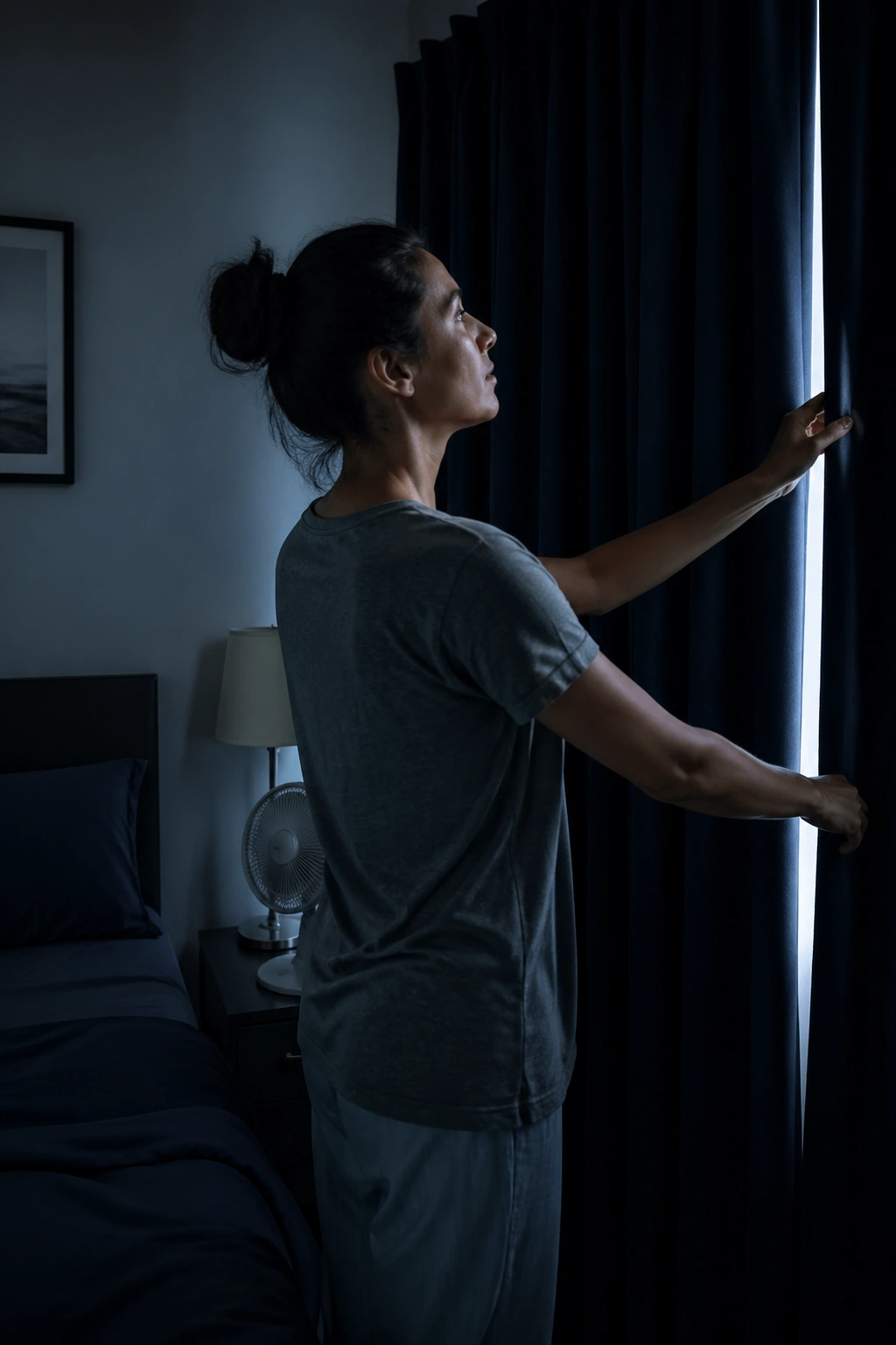 Person adjusting blackout curtains in a cool, dark bedroom