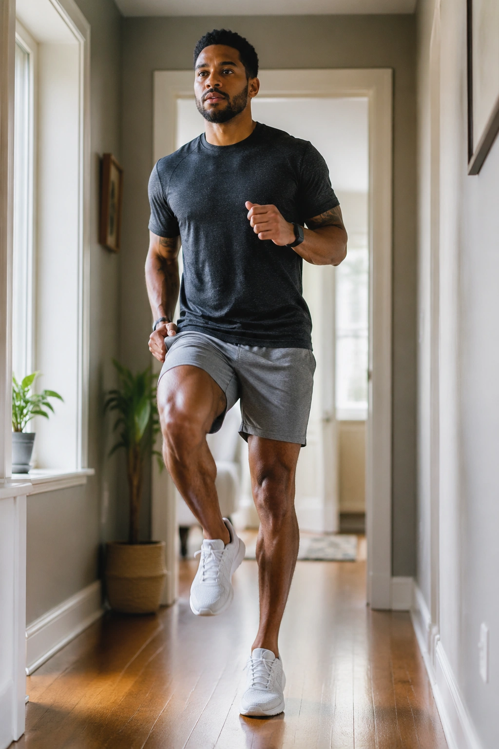 Medium close-up of a person performing a quick walk-in-place cooldown in a bright home hallway