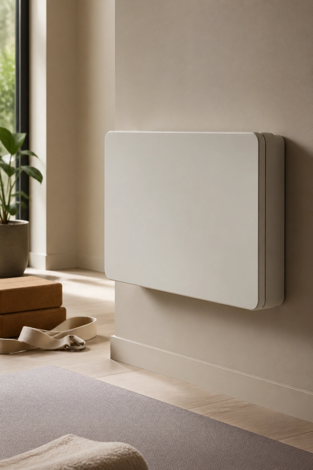 Close-up of a closed tech storage box on a calm yoga room wall with no visible cords