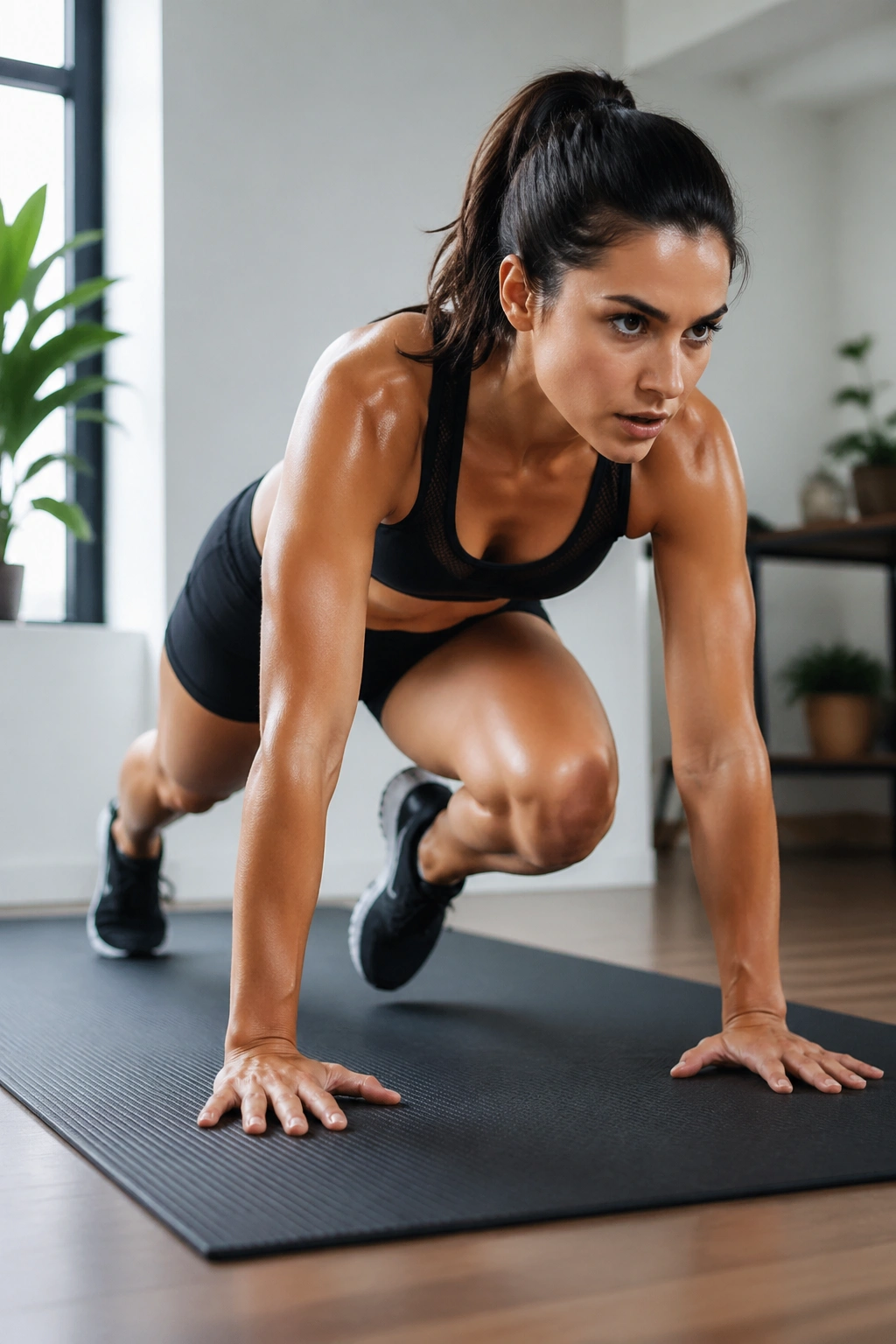 Close-up of a person doing plank knee drives in a home gym